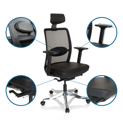 Schwarzer Bürodrehstuhl mit verstellbaren Armlehnen und ergonomischer Rückenlehne.