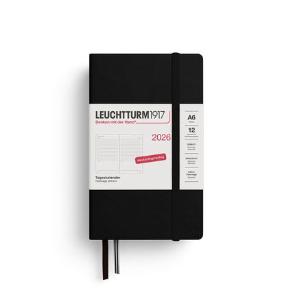 Schwarzer Buchkalender im DIN A6 Format mit einer Produktbeschreibung auf dem Cover.