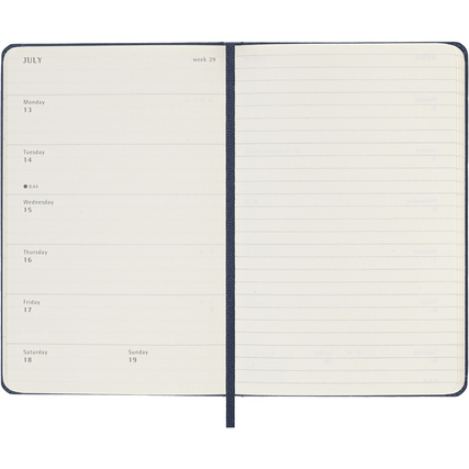 DIN A6 Buchkalender mit Wochenterminen links und linierten Seiten für Notizen rechts.