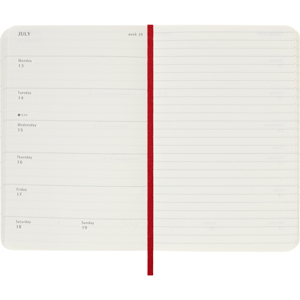 Offene Moleskine® Buchkalender DINA6 2026 mit Wochenterminen und linierter Notizseite.