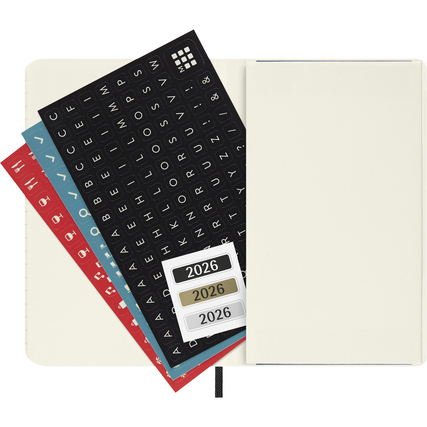 Schwarzes Softcover-Buchkalender-DIN A6 mit Stickern und transparentem Einband für das Jahr 2026.