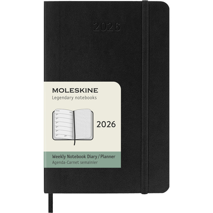 Schwarzer Softcover Buchkalender DIN A6 2026 mit Wochenterminen und linierter Notizseite.