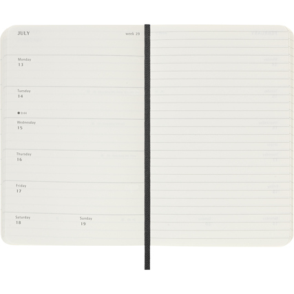 Kalender mit Wochenterminen auf der linken und linierten Seiten für Notizen auf der rechten Seite.