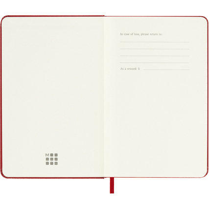 Offene Seitenansicht eines scharlachroten Hardcover Buchkalenders im DIN A6 Format.