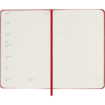 Scharlachrot Hardcover Buchkalender im DIN A6 Format mit Wochenterminen und linierten Notizseiten.