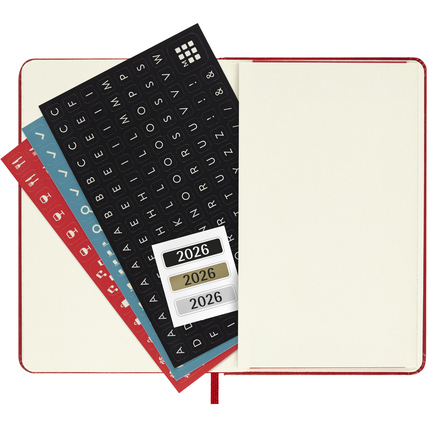 Scharlachroter Hardcover-Buchkalender im DIN A6-Format mit integrierten Aufklebern für 2026.