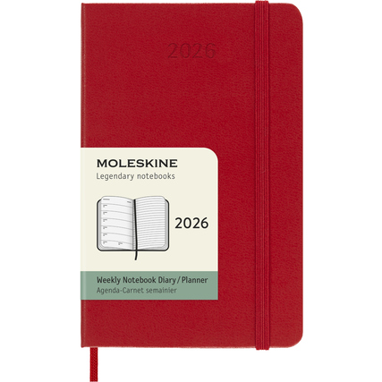 Scharlachroter Hardcover-Buchkalender 2026 im DIN A6 Format mit Gummiband und Wochenterminen.