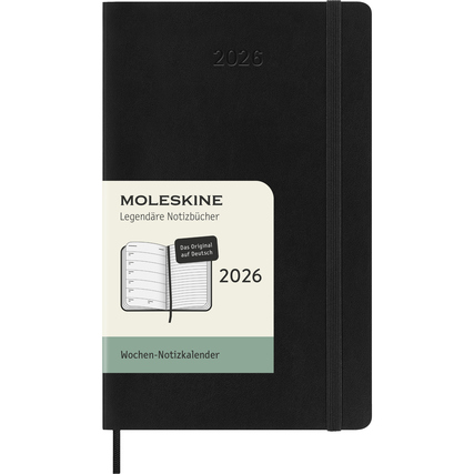 Schwarzer Moleskine Wochen-Notizkalender für 2026 mit Label und Gummiband.