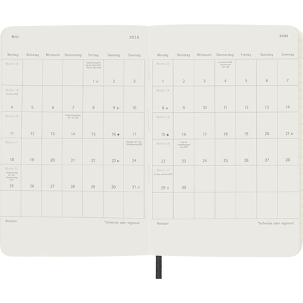 Offene Doppelseite eines Moleskine Buchkalenders für Mai und Juni 2026 mit Wochenübersicht.