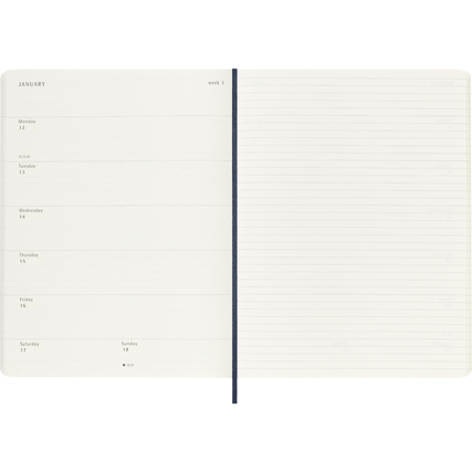 Offene Doppelseite eines Moleskine Buchkalenders mit Wochenterminen und linierten Notizfeldern.
