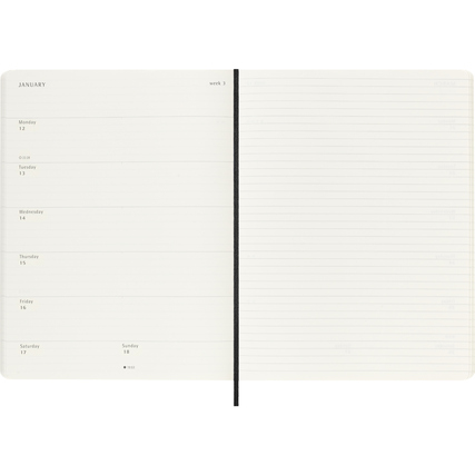 Wochenkalender mit einer Seite für Termine und einer linierten Seite für Notizen.