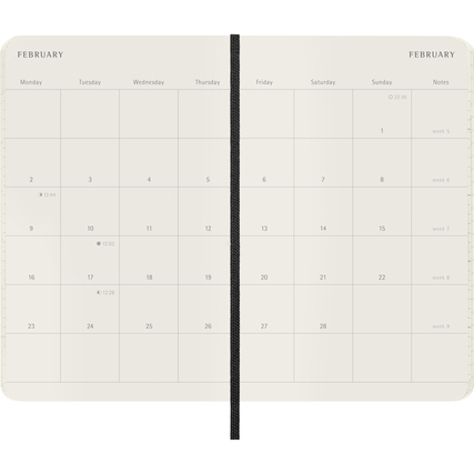 Aufgeschlagener Taschenkalender im DIN A6 Format, Monat Februar mit Kalendertagen und Notizen.