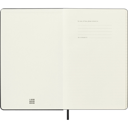 Offene Seite eines Moleskine Buchkalenders mit leerem Seitenlayout bei Tagesdaten.