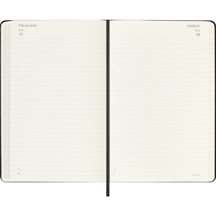 Zweiseitige Ansicht eines Buchkalenders mit Tagesaufteilung für Juli 2025 und Freitag, 18. Juli.