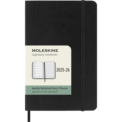 Schwarzer Softcover Buchkalender im DIN A6-Format mit Wochenterminen und Notizraum.