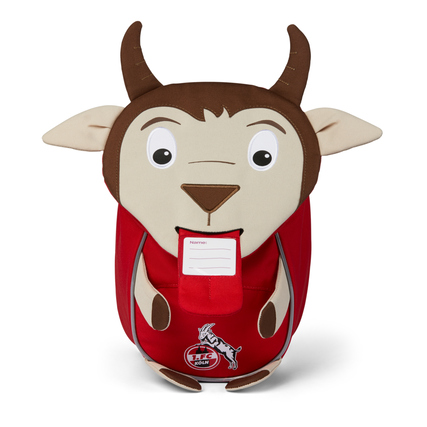 Kindergartenrucksack in Tierform mit Ziehzunge und freundlichem Gesicht in Rot und Beige.