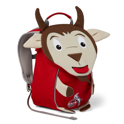 Roten Kindergartenrucksack mit tierischem Ziegen-Design und auffälligen Ohren und Gesicht.