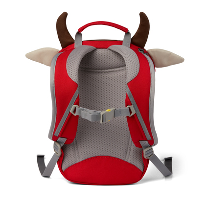 Rucksack in Rot mit tierischem Design und Hörnern, Rückansicht mit verstellbarem Brustgurt.