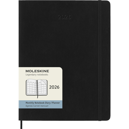 Schwarzer Moleskine Buchkalender XL 2026 mit Aufkleber und linierten Seiten für Notizen.