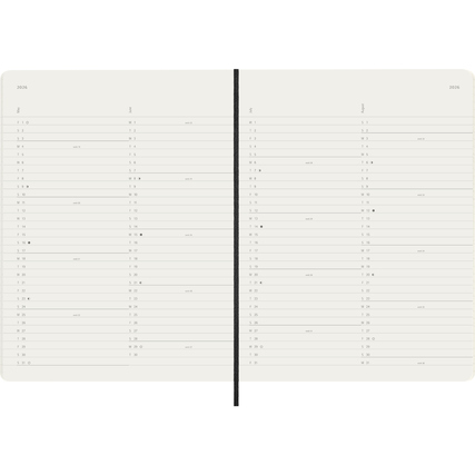 Offene Doppelseite eines Moleskine Buchkalenders mit Monatsansicht und linierten Notizseiten.