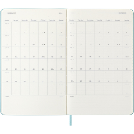 Offene Ansicht eines Moleskine Buchkalenders für September und Oktober 2026 mit Wochenübersicht.
