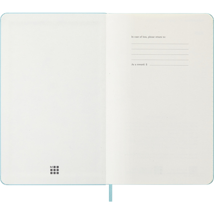 Offene Seitenansicht eines Moleskine Buchkalenders mit Platz für Notizen und Kontaktdaten.