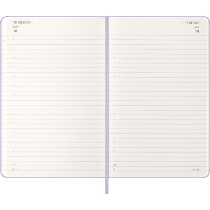 Offene Doppelseite eines Moleskine Buchkalenders mit Platz für Notizen und Terminen pro Tag.
