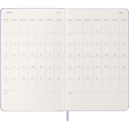 Offene Seitenansicht eines Moleskine Buchkalenders für die Monate März und April 2026.