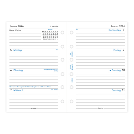 Wochenkalendereinlage für Pocket-Format mit datierten Seiten für Januar 2026.