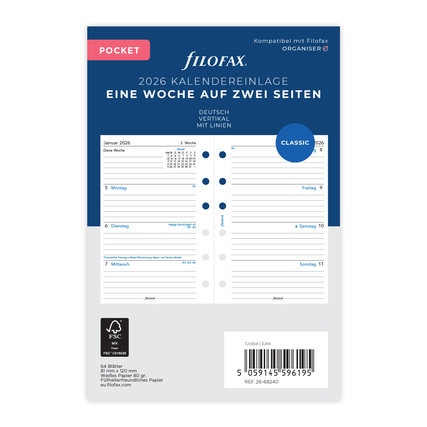 Kalendereinlage für Pocket-Format, zeigt eine Woche auf zwei Seiten mit deutschen Wochentagen.