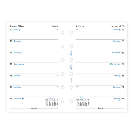 Kalendereinlage im Wochenformat für Januar 2026 mit Datumsangaben und Platz für Notizen.