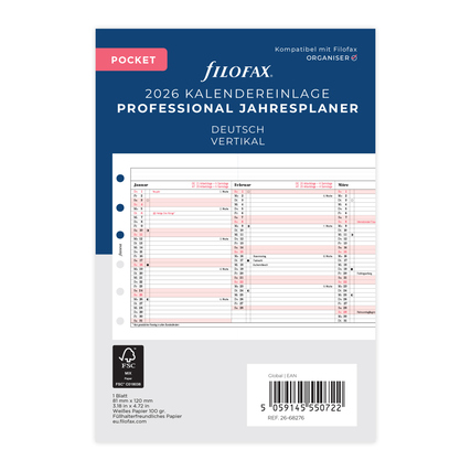 Kalendereinlage für Filofax im Pocket-Format, zeigt vertikale Monatsansicht für 2026.