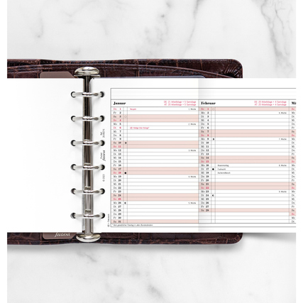 Kalenderblätter für Januar und Februar 2026 in einem offenen Filofax-Einleger.