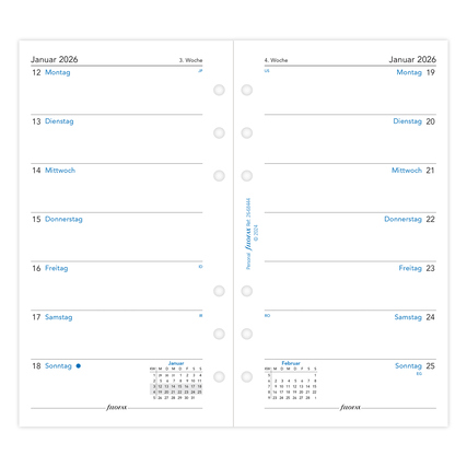 Kalendereinlage für Januar 2026 mit Wochenübersicht und Datumsfeldern.