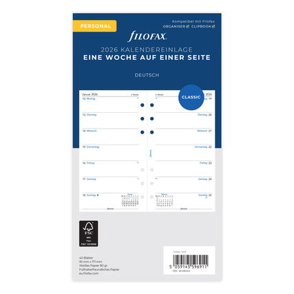 Kalendereinlage für 2026 mit wöchentlicher Ansicht auf einer Seite in deutscher Sprache.