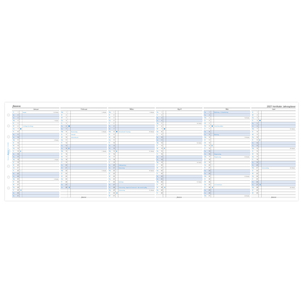 Kalender-Einlage für 2027 mit Monatsübersicht und Terminspalten in blauem Design.
