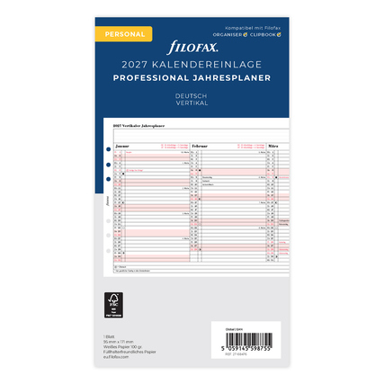 Kalendereinlage für 2027 mit vertikalem Jahresplaner im personalisierten Format.