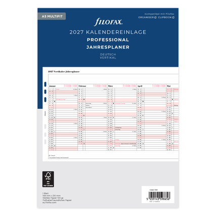 Kalendereinlage für 2027 mit vertikalem Layout und Monatsübersicht.