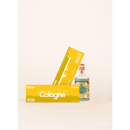 Schwarze Stahlwandkunst mit der Kölner Skyline, abgebildet mit Dekoration und Aufklebern.