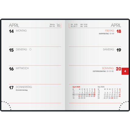 Taschenkalender im Format DIN A7, geöffnet, zeigt Wochenansicht für April 2026.