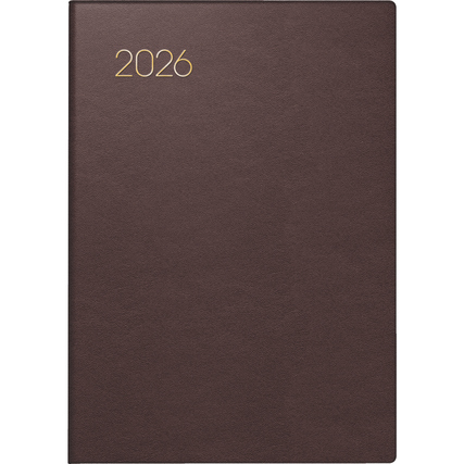 Bordeauxroter Taschenkalender im DIN A7 Format für das Jahr 2026 mit goldfarbener Jahreszahl.