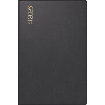 Schwarzer Taschenkalender für 2026 mit goldfarbener Prägung auf der Vorderseite.