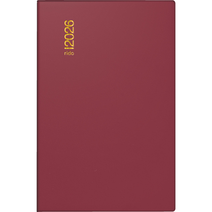 Bordeauxroter Taschenkalender 2026 mit goldener Titelprägung auf der Vorderseite.