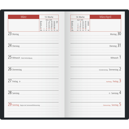Schemagrafik eines Taschenkalenders mit Datumsangaben und Wochenübersicht für März und April.