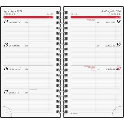 Taschenkalender im DIN A6 Format mit wöchentlicher Übersicht für April 2026.