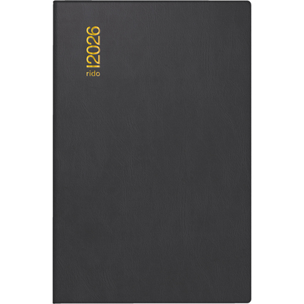 Schwarzer Taschenkalender im DIN A7 Format mit goldener Prägung "2026" auf dem Cover.