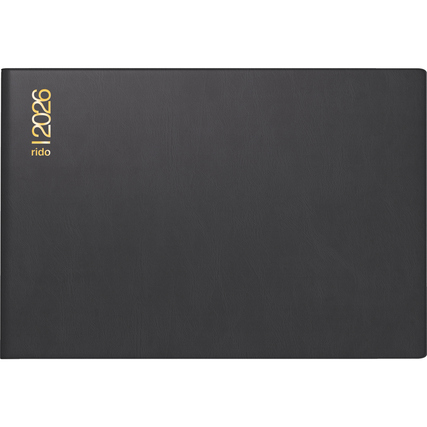 Schwarzer Taschenkalender im Querformat mit goldener Prägung auf der Vorderseite.