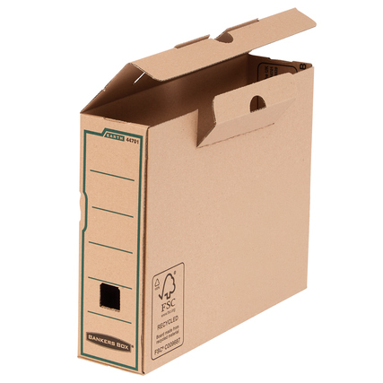Archivschachtel aus braunem Karton mit seitlichem Eingangsloch und beschriftbarem Feld.