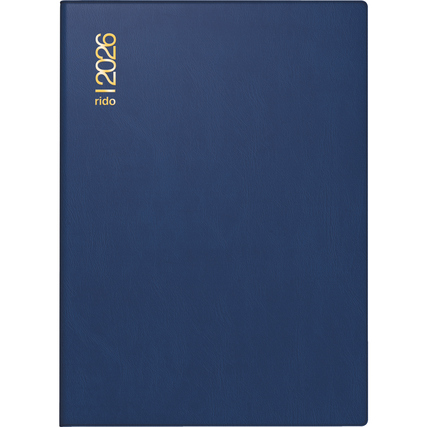 Blauer Taschenkalender im DIN A6 Format mit goldener Schrift auf der Vorderseite.