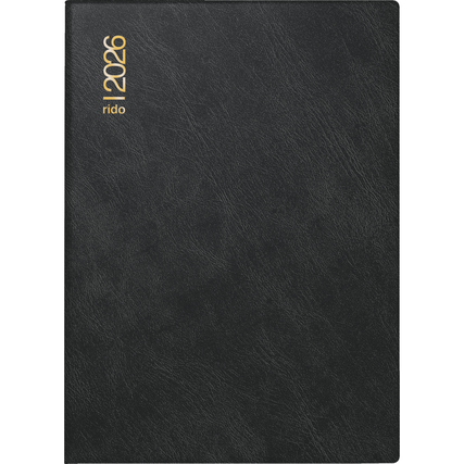 Schwarzer Taschenkalender 2026 im DIN A6 Format mit goldener Schrift auf dem Cover.